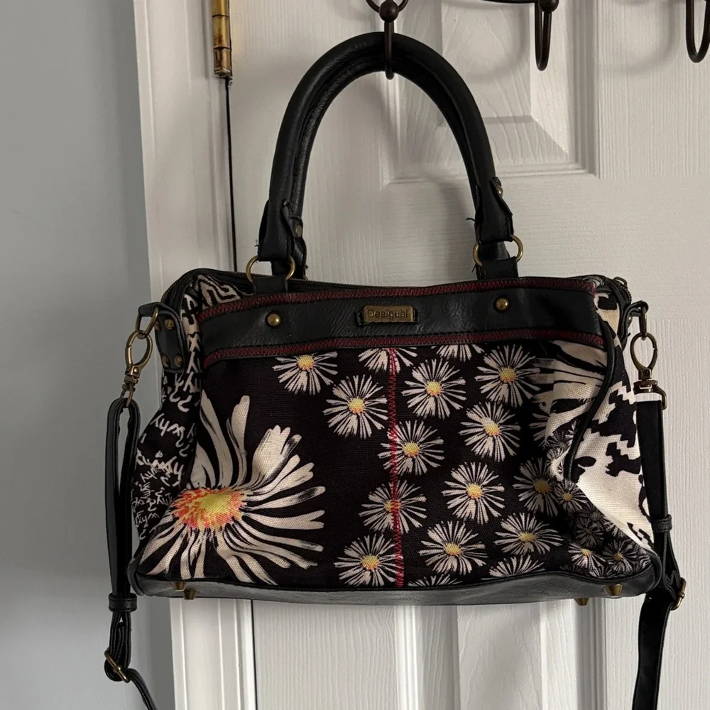 Desigual Black Satchel Red & White Floral Detail Top Handle w. Crossbody Strap